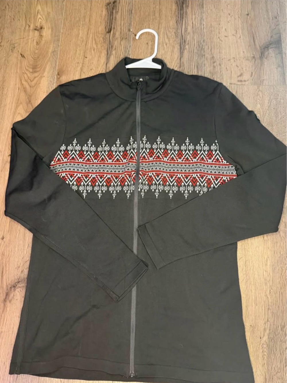 Black Zip-Up Women's Sweater with Red and White Fair Isle Band